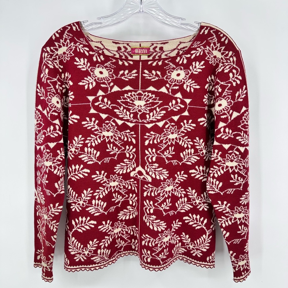 Oleana Norway Silk Wool Woman’s Leaf Print Sweater Red White Size M